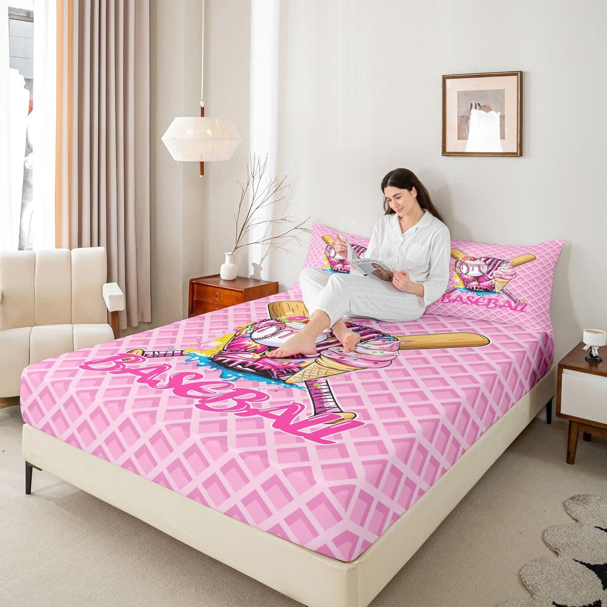 Homewish Baseball Ice Cream Drip Kids Sheet Full Size,Baseball Bat Gloves Ball Sport Competition Bedding Set, Biscuit Cherry Dessert Softball Kids Room Decor,Pink Sheet(Fitted+Flat+2 Pillowcases)