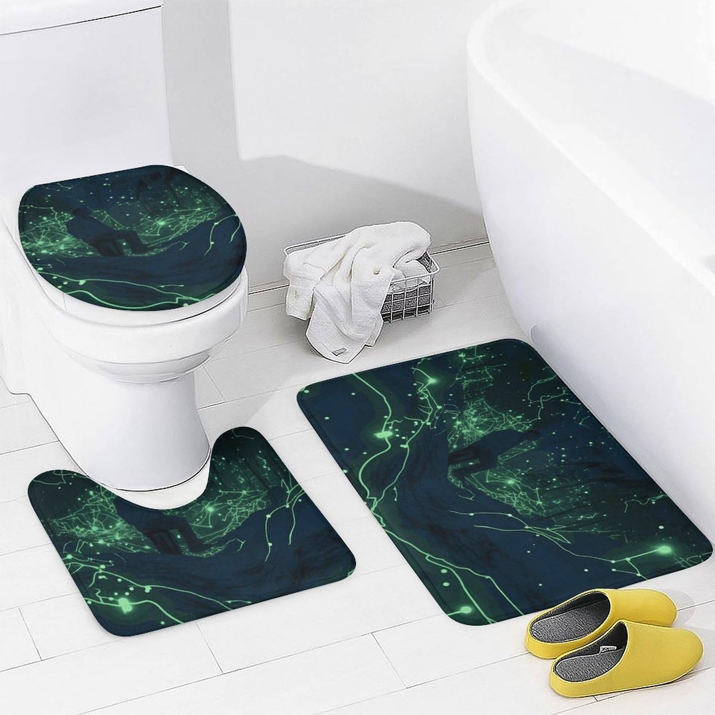LMNGH Shower Curtain Set Glow in The Dark Bathroom 4 Set with Non-Slip Rugs Toilet Lid Cover and Bath Mat Waterproof Bath Accessories for Bathroom Decor Set 72" X 72"
