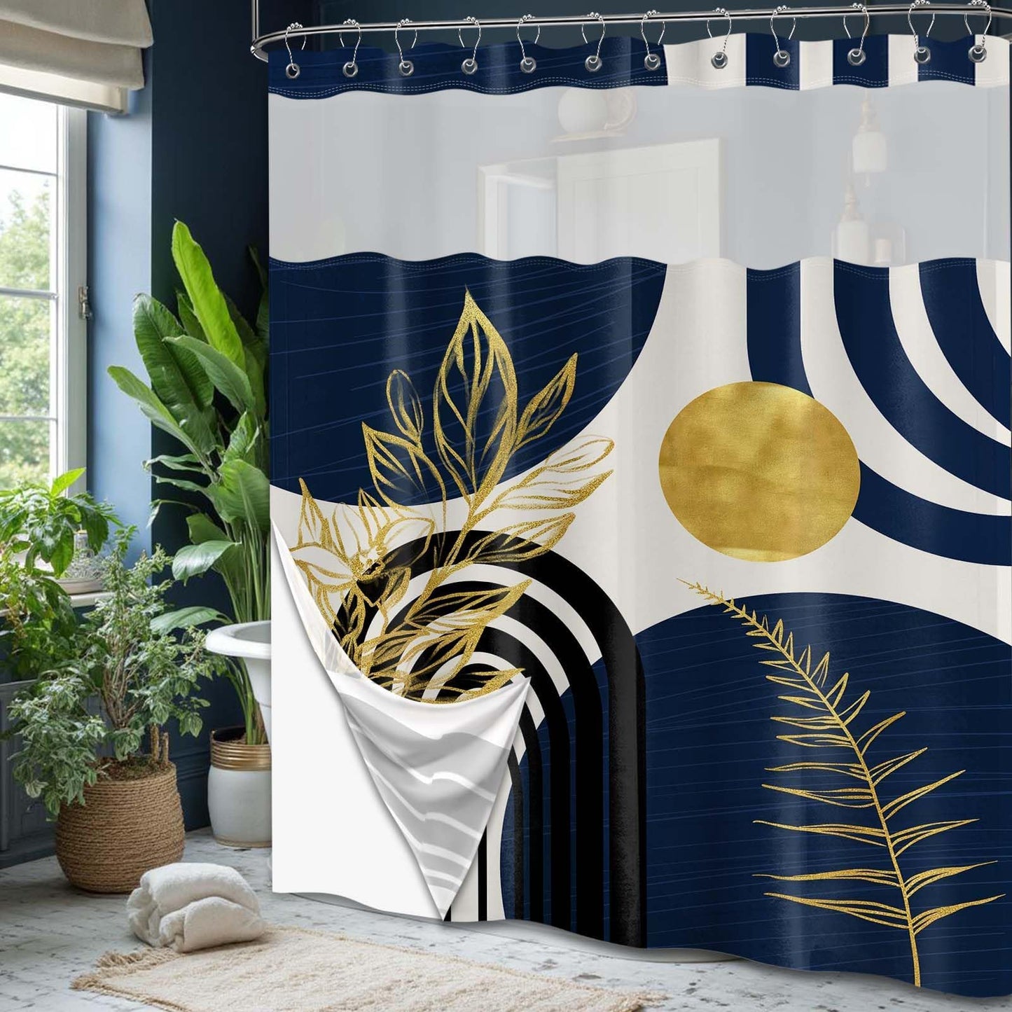 Bxpaitx Navy Blue See Through Mesh Top Shower Curtain with Window, Boho Dark Blue and Gold Double Layer Mens Shower Curtains with Snap in Liner with Magnets, Waterproof Cloth Fabric with Hooks 71x72in