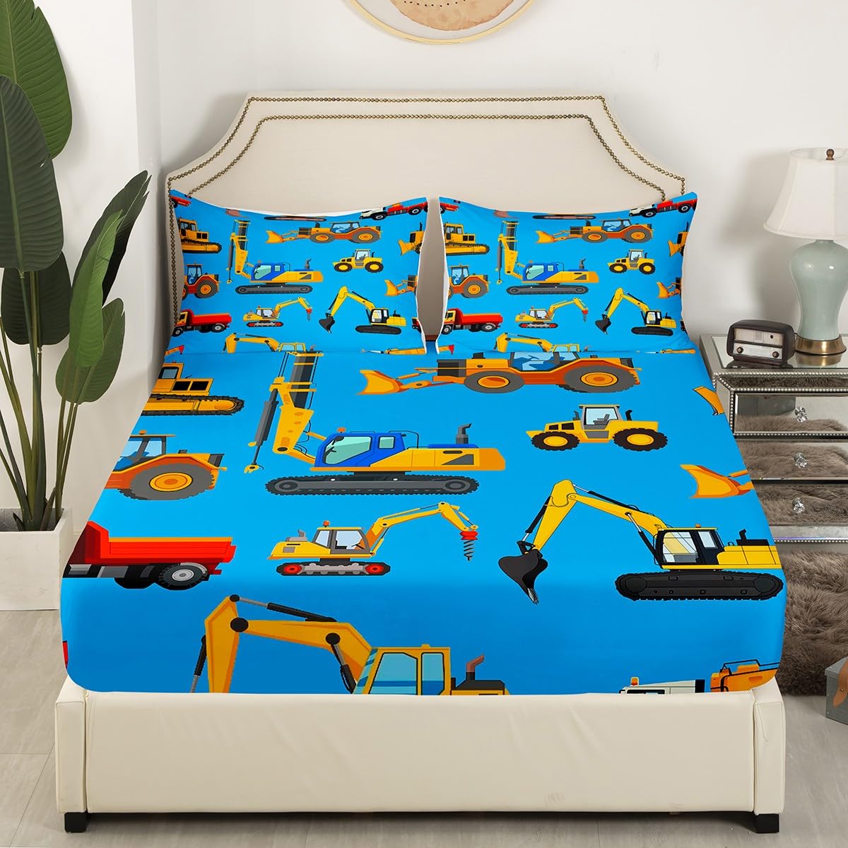 Kids Excavator Bedding Set, Construction Equipment Bed Sheets, Yellow Truck Print Fitted Sheet, Child Boys Girls Tractor Pattern Bedroom 2 Piece Bedding Set with 1 Pillow Sham, Twin Size, Blue