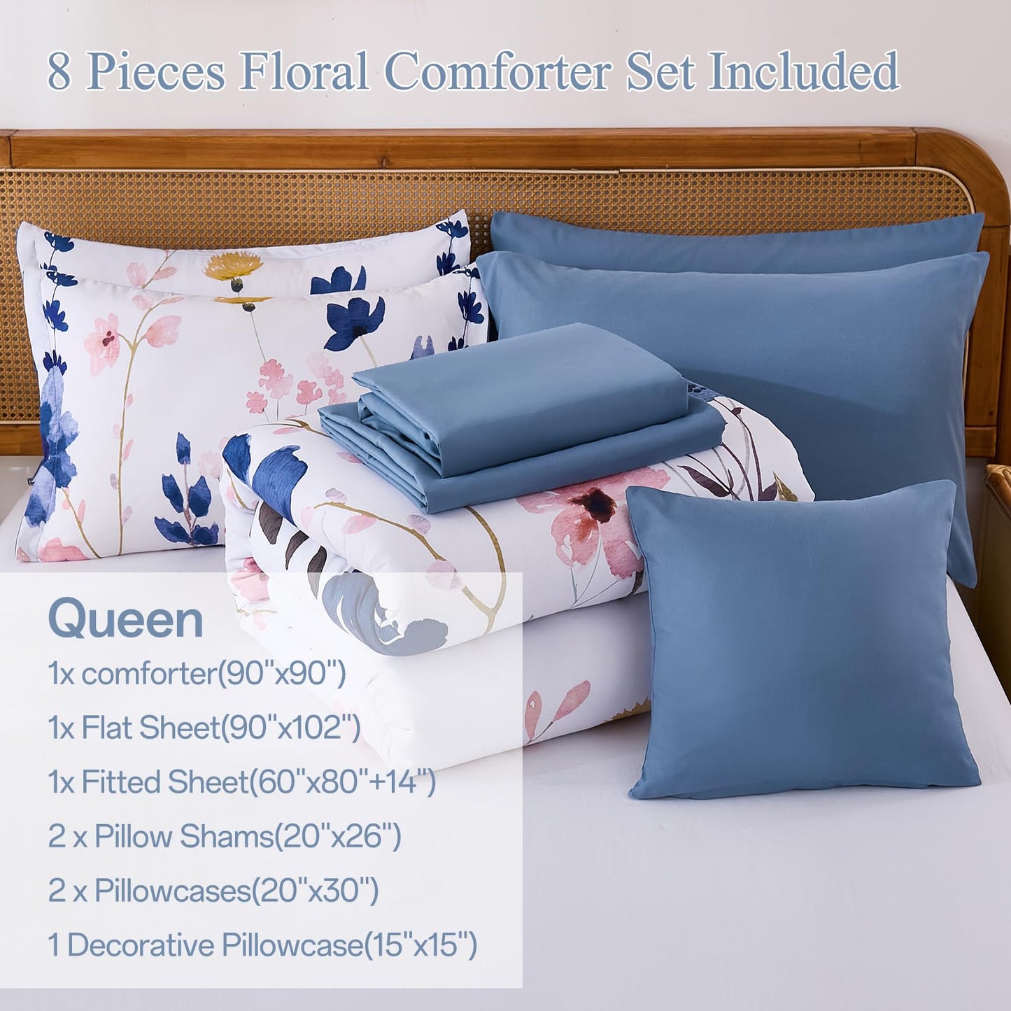 Anibedding Blue Floral Comforter Set Queen Size, 8 Piece Botanical Flower Bed in a Bag, Reversible Design Comforter Soft Microfiber Complete Bedding Sets for All Season (Blue, 90"x90")