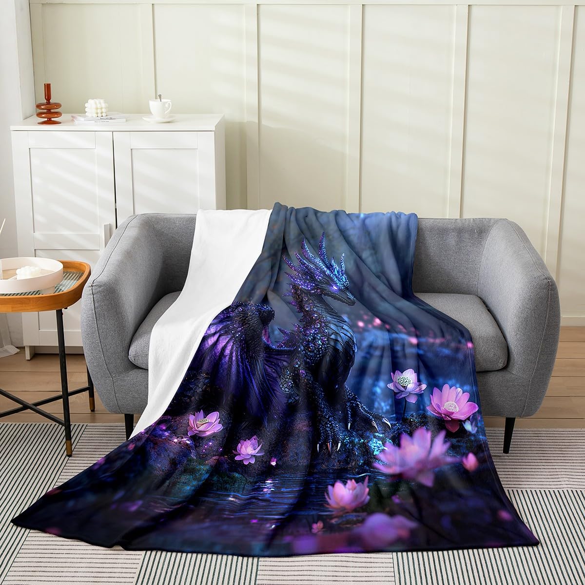Feelyou Dragon Plush Throw Blanket Queen 90"x90" Dragon Stuff Flannel Fleece Blanket for Boys Girls Teens Wild Life All Season Bed Blanket Flower Blanket Room Decor Black Purple