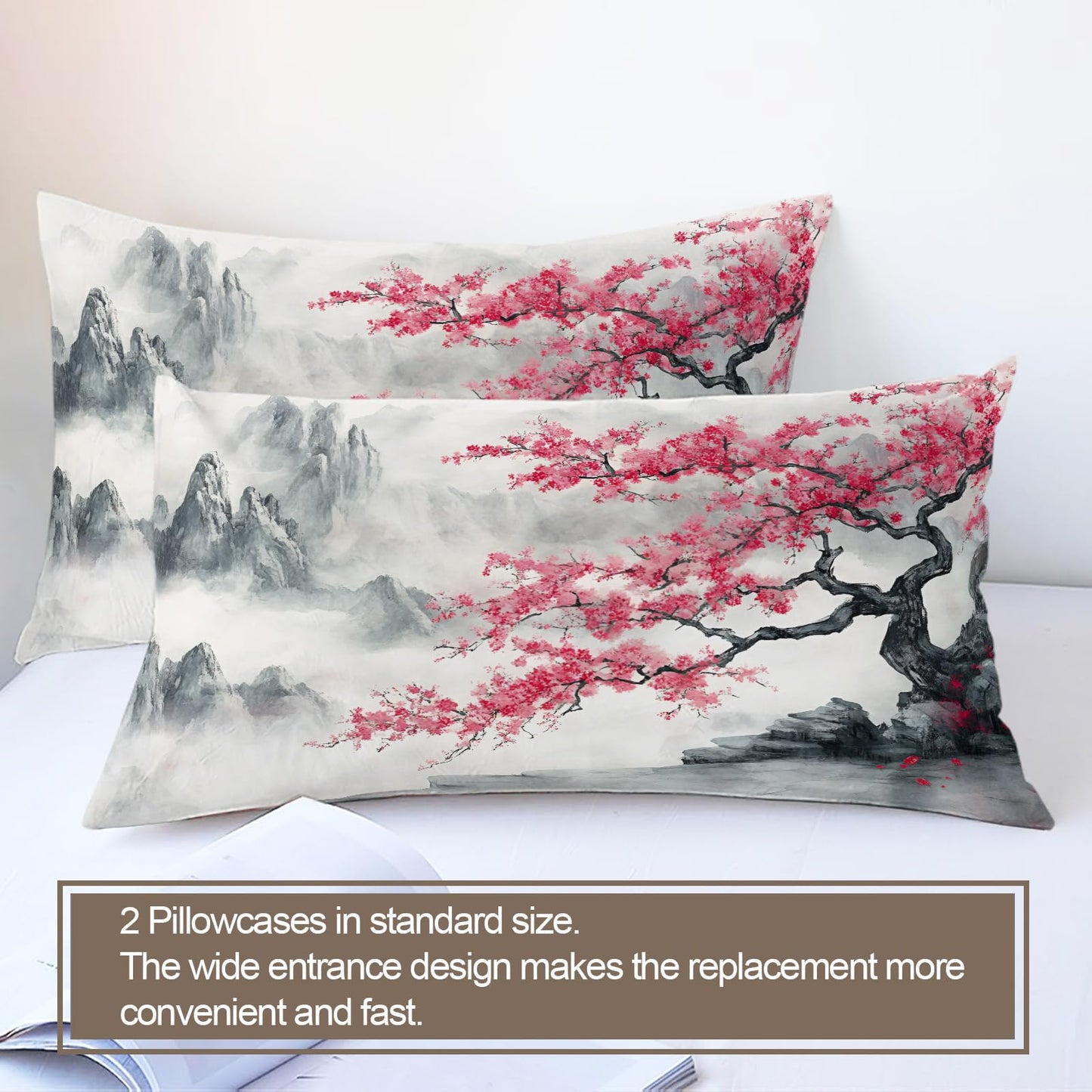 GKPLY Cherry Blossom Duvet Cover King, Mountain Bedding & Bedroom Decor, Traditional Floral Comforter, Zipper Closure, Misty Landscape Duvet Cover & 2 Pillowcases, Reversible Print