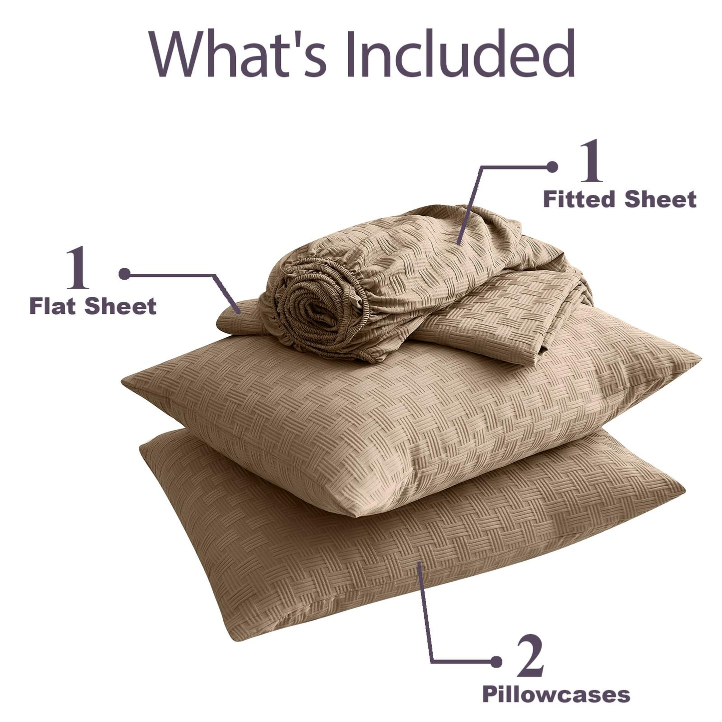 Seavelson Woven Grid Soft King Size Sheet Set - Comfortable & Breathable 4 Piece Bed Sheets with 1 Fitted Sheet,1 Flat Sheet & 2 Pillowcases - Deep Pocket Up to 18 Inches (Camel)