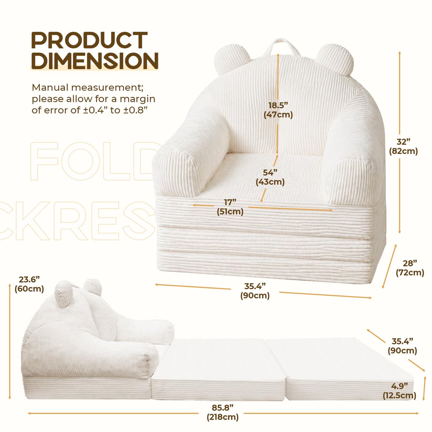 DANGHOOGY Folding Sofa Bed, 2 in 1 Convertible Sofa to Lounger Comfy Single Floor Sofa Couch for Adults, Single Couch with Handle, Faux Fur Couch Bed for Living Room Bedroom, Cream