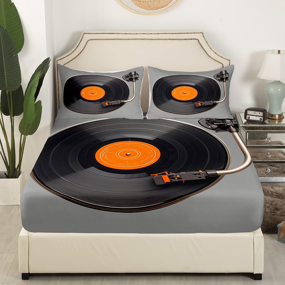 Feelyou Vinyl Record Sheet Set CD Card Bed Sheets Set for Kids Disc Music Sheets with Deep Pocket Fitted Sheet Grey Black Bedding Set Bedroom Decor 3Pcs Twin