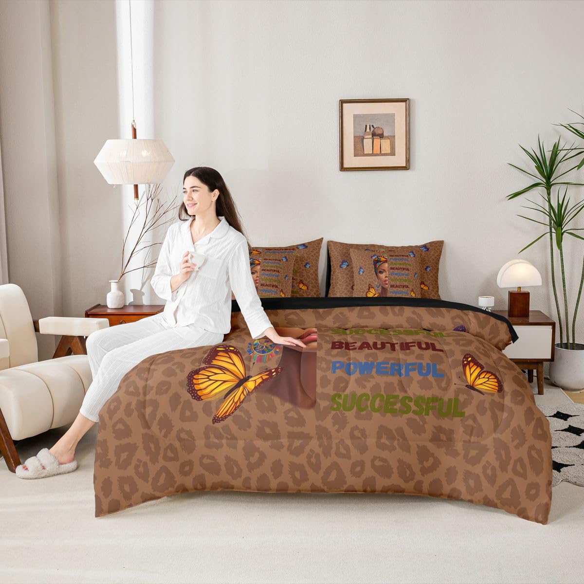 Erosebridal Cute Black Girls Queen Bedding Set Stylish Leopard Print Comforter Set with Flat and Fitted Sheet Teen Colorful Headwrap 7-Piece Bed in a Bag Women Empowering Words Butterfly Quilt Sets
