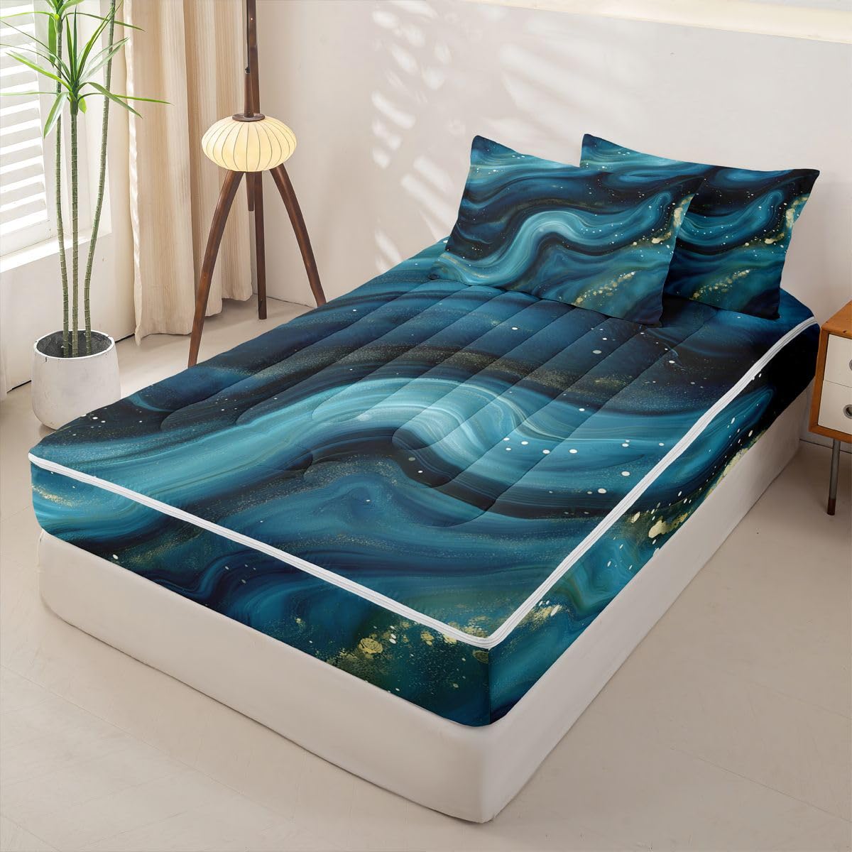 jejeloiu Marble Print Zipper Bedding Sets for Kids Boys Girls Abstract Twin Comforter Set with Fitted Sheet Teal Bedroom Decor Deep Ocean Wave Texture Microfiber with 2 Pillow Cases Luxury