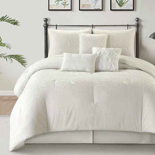 LANCO MODERN LIFESTYLE Blue Queen Comforter Set, Chain Stiching 3D Floral Embroidery, Exquisite and Elegant Bedding Sets, 7 Pieces Bed in a Bag, Bedskirt, Pillow Shams and Decor Pillows