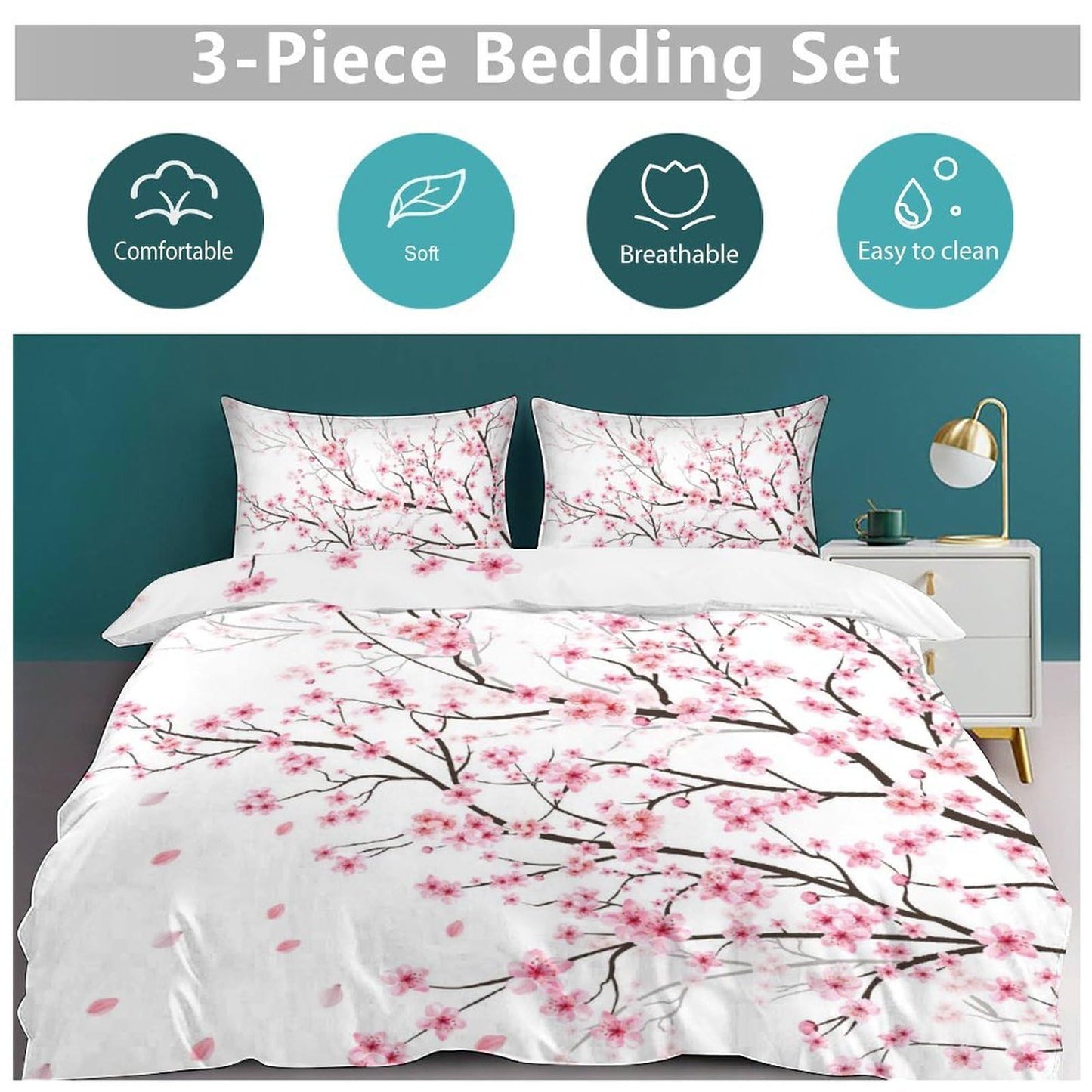 Lnepty Pink Cherry Blossom Bedding Set,Retro Japanese Flower Tree Branches Blooming Spring Floral Traditional Asian Ink Painting Theme Comforter Set with Pillowcase for Bedroom Bed Decor,Twin 86"x70"