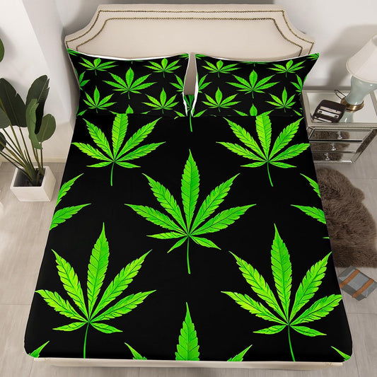 Erosebridal Boho Plant Leaves Fitted Sheet, Adult Bohemia Leaves Bed Sheet, Exotic Leaves Rustic Bedding Set Full Size, Soft Microfiber Bed Cover Wrinkle Bedclothes, Green Black(No Top Sheet)