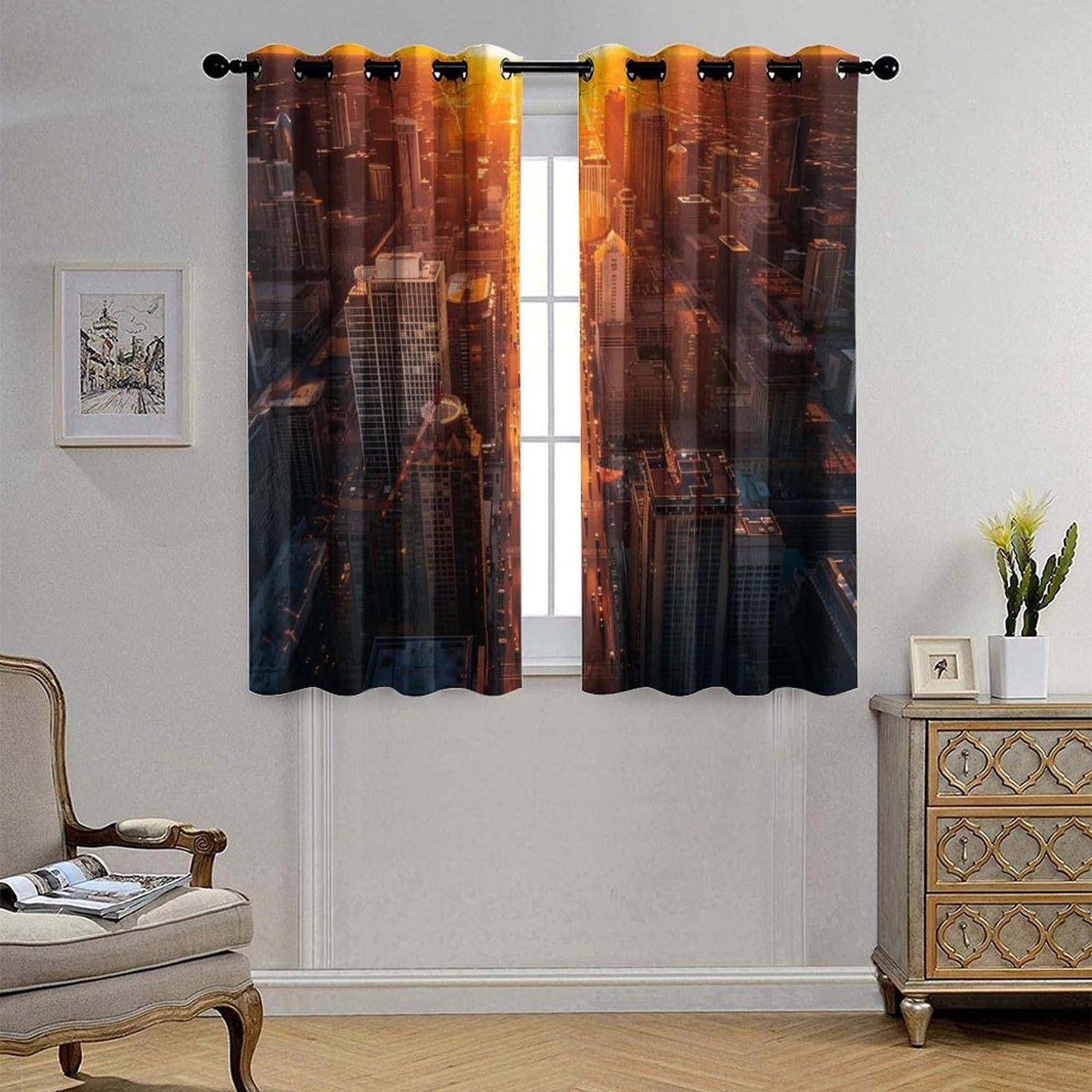 TOWINSFB Fantasy Skyscraper Cityscape Blackout Curtains for Bedroom/Living Room, Sunset Architecture Building Grommet Curtains Thermal Insulated Window Drapes, 2 Panels, Each 21W x 45L