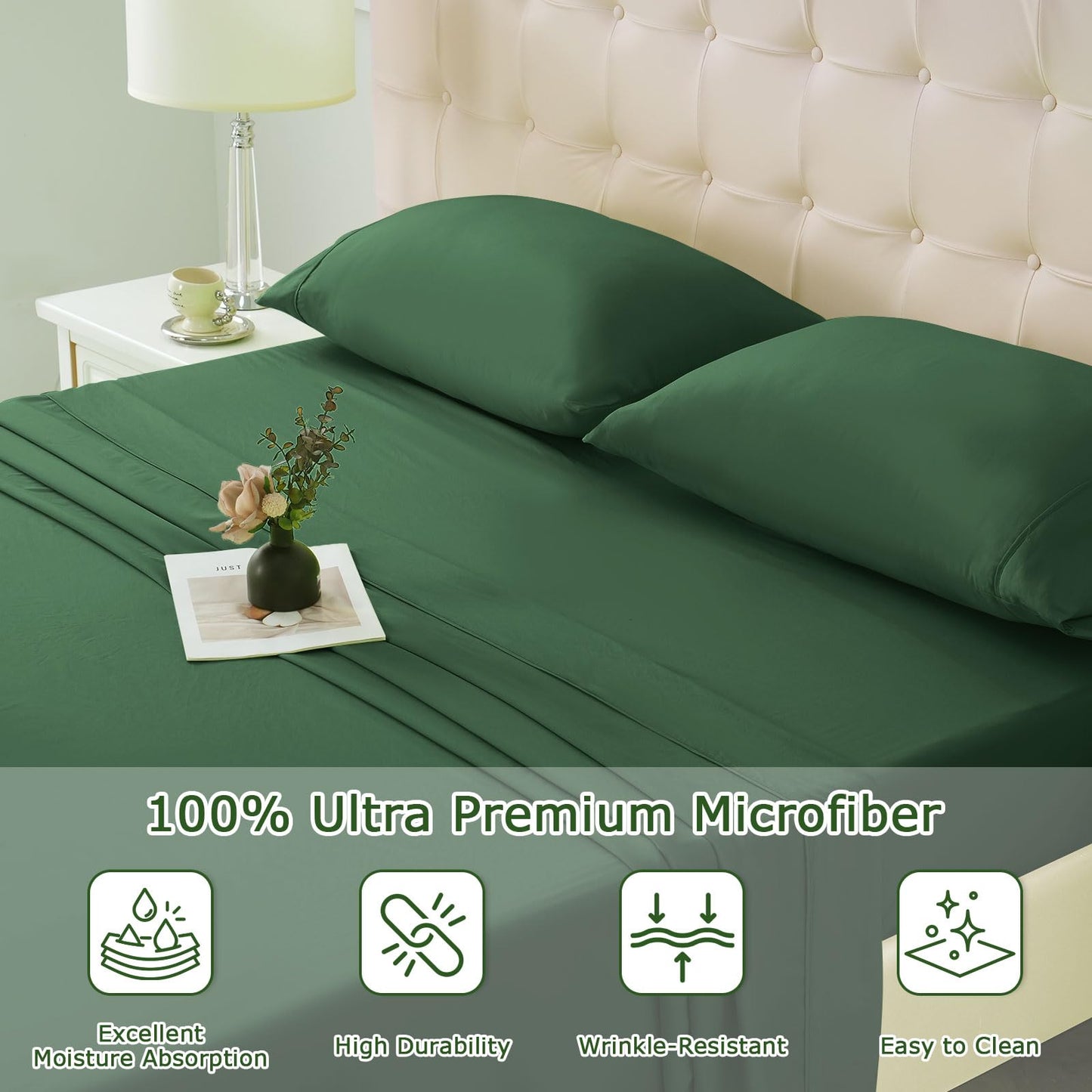 Homilay Queen Size Bed Sheet Set - 4 Piece Soft Microfiber Sheets with Deep Pockets, Cooling Technology, and Wrinkle-Free Pillowcase. Hotel-Quality, Durable Bedding, Eden Green