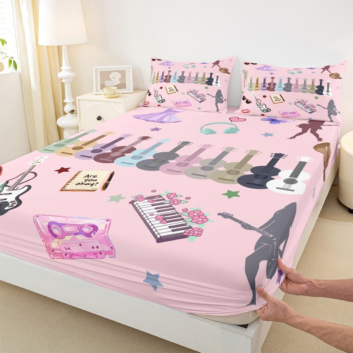 Erosebridal Music Fans Guitar Bed Sheets Set King Music Themed Sheet Set Singer Fans Pink Sheets for Kids Girls Women Fashion Birthday Valentines Day Gift Flat Fitted Sheet 4 Pcs Bedroom Decor