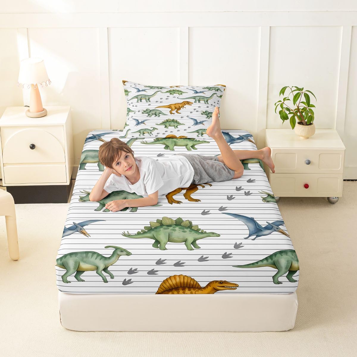Feelyou Dinosaur Bed Sheets Set Twin Size 3D Digital Print Bed Set for Kids Boys Girls Jungle Dino Deep Pocket Fitted Sheet Wild Animal Breathable Soft Lightweight Microfiber Orange and Green