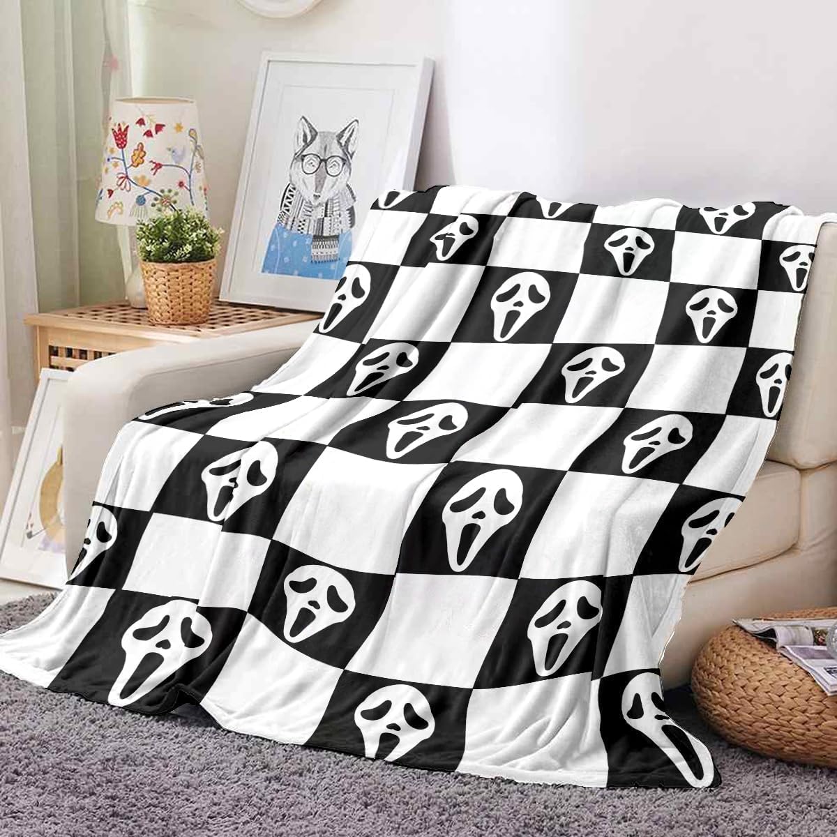 YWZDS Spooky Face Throw Blanket, Black and White Checkered Pattern, Halloween Ghost Blankets Fuzzy Gifts for Sofa Couch Bedroom (60 * 80 inch)
