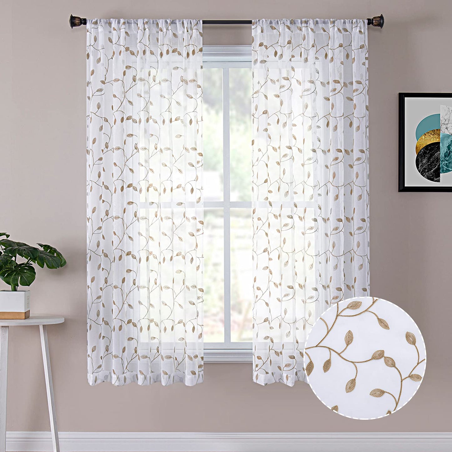 Tollpiz Leaves Sheer Curtains Taupe Leaf Embroidery Bedroom Curtain Rod Pocket Voile Faux Linen Embroidered Leaves Curtains for Living Room, 54 x 63 inches Long, Set of 2 Panels