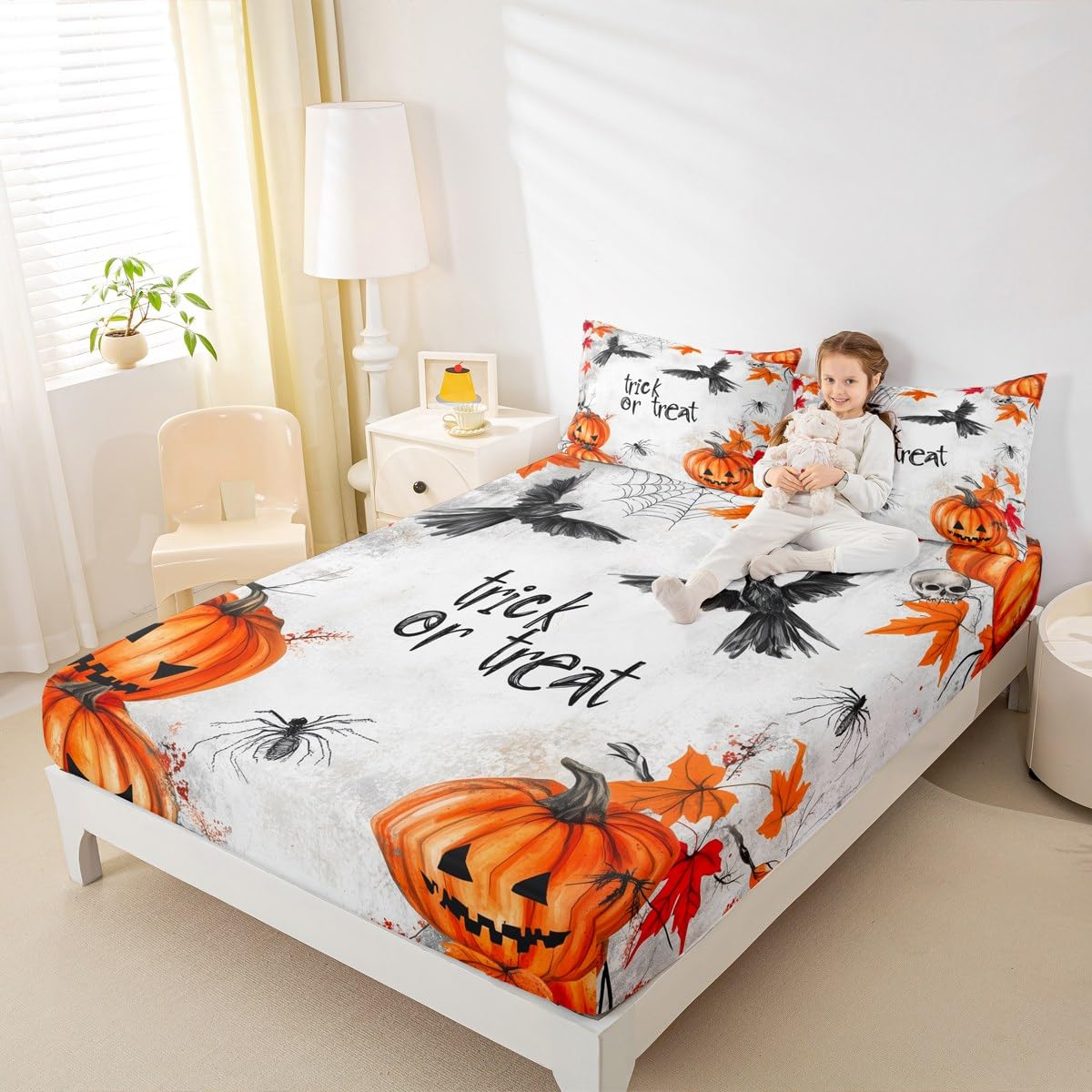 Feelyou Kids Halloween Bed Sheet Set Full Size, Pumpkin Fitted Sheet Boys Girls Trick or Treat Bedding Set Spider Web Teens Bedroom Decor (2 Pillow Cases and a Fitted Sheet)