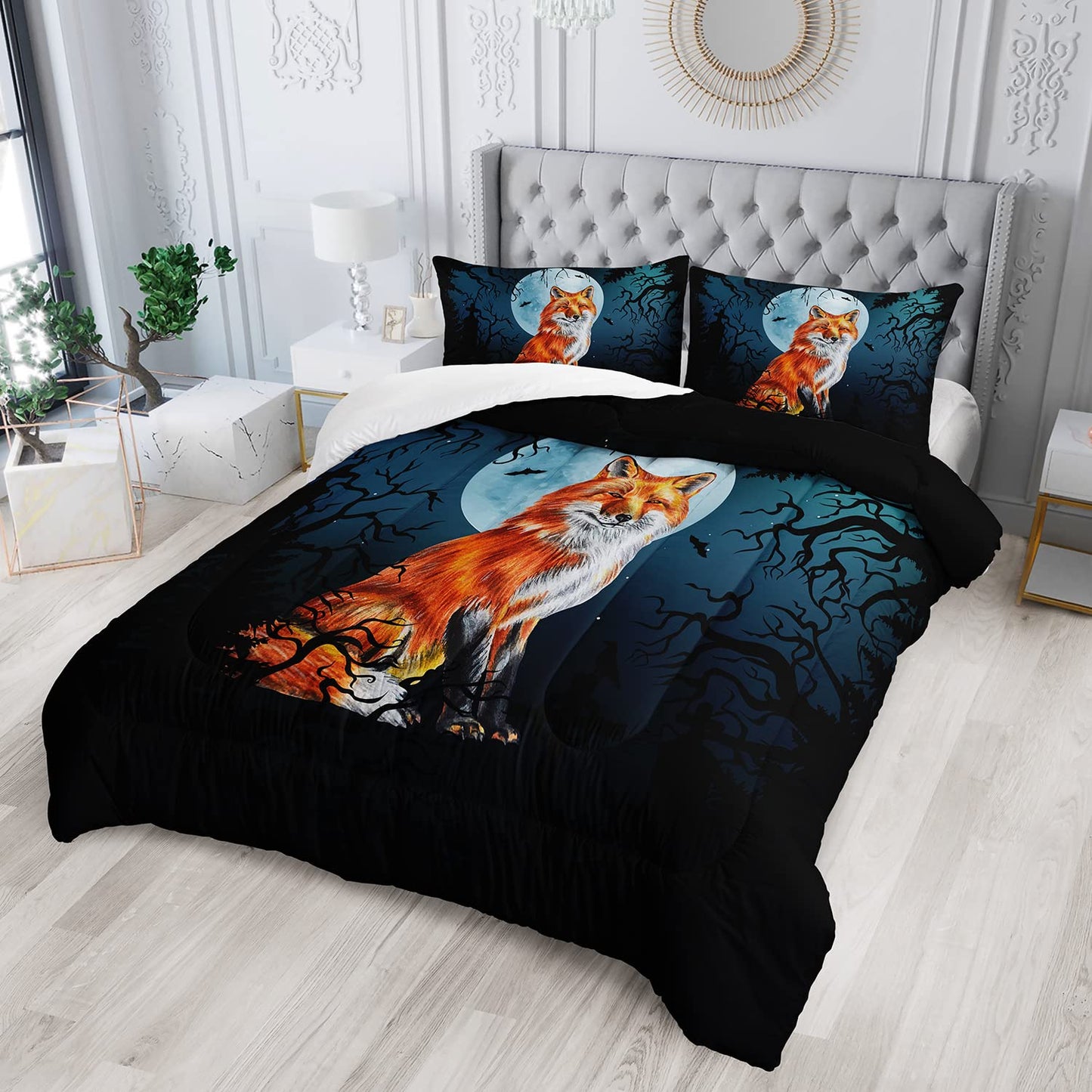 AILONEN Fox Comforter Sets for Teens, Fox Cartoon Printed Bedding Sets Queen Size,Fox Comforter,Fox Animals Bed Set for Bedroom,Fox Duvet,3 Piece 1 Comforter and 2 Pillowcases
