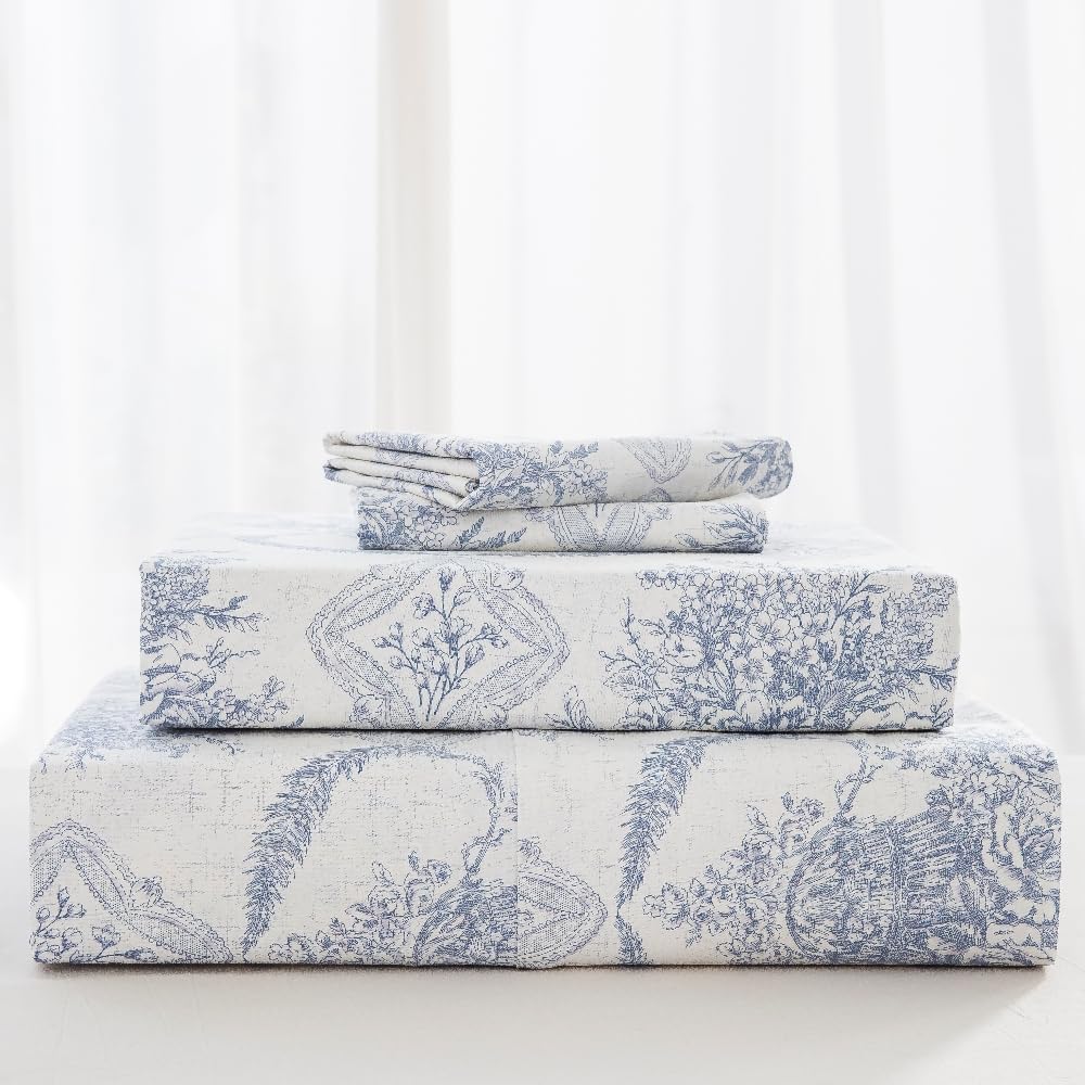 DAUAOTO Full Size 100% Cotton Bedding Printed Sheets Set. Up to 14" Deep Mattress, Farmhouse Country Cottage Pattern Bedlinen Sets, French Blue