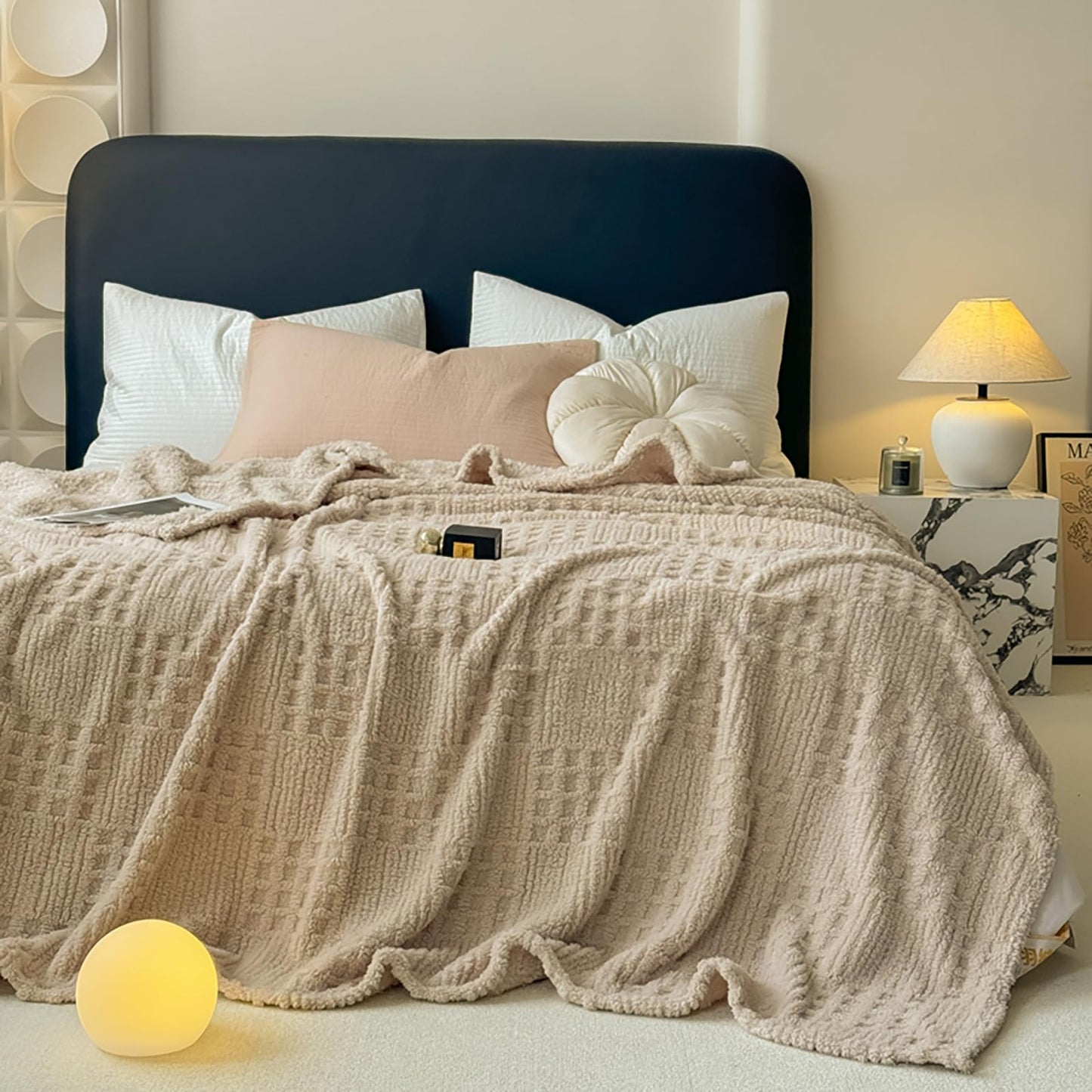 Throw Blanket for Couch or Bed，Waffle Weave Jacquard Decorative Blankets - Cozy Soft Lightweight Fuzzy Flannel Blanket(Milk Tea,80x90in)