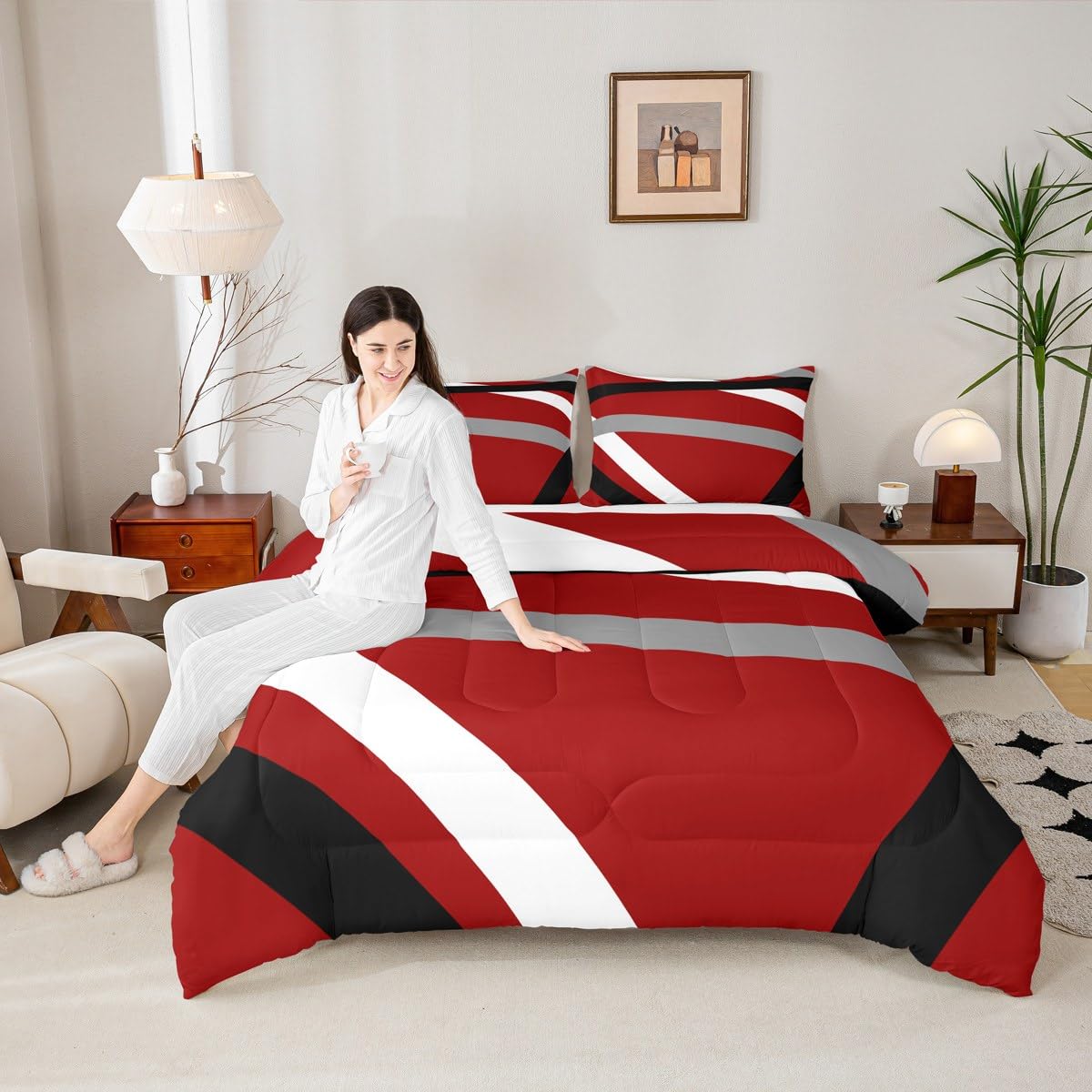 Erosebridal Red Gray Black Striped Queen Comforter Set for Adult Women Men Modern Abstract Bedding Set Geometric Lines Bed Set Aesthetic Boho Quilt Set