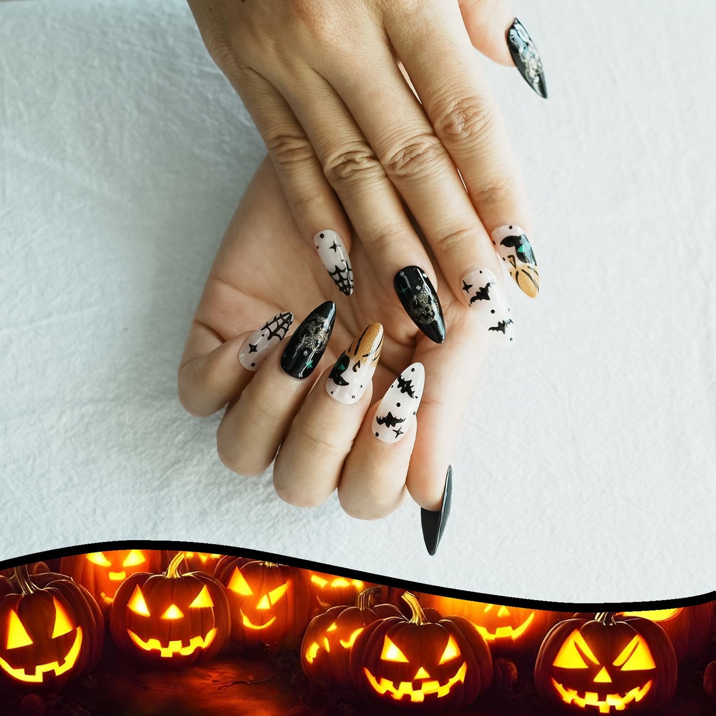 Tesytto 10pcs Handmade Press on Nails Almond - Halloween 3D Bat & Pumpkin Designs, Black White Cobweb Reusable Acrylic Nails for Women (Spooky Vibes,M)
