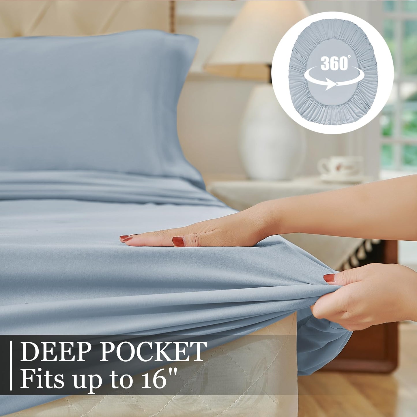 Yibeizi Queen Sheet Set Cooling Sheets Deep Pocket Queen Size Bed Sheets Set, Light Blue Soft Microfiber Oeko-Tex Sheets & Pillowcases Hypoallergenic Wrinkle Free Bedsheets
