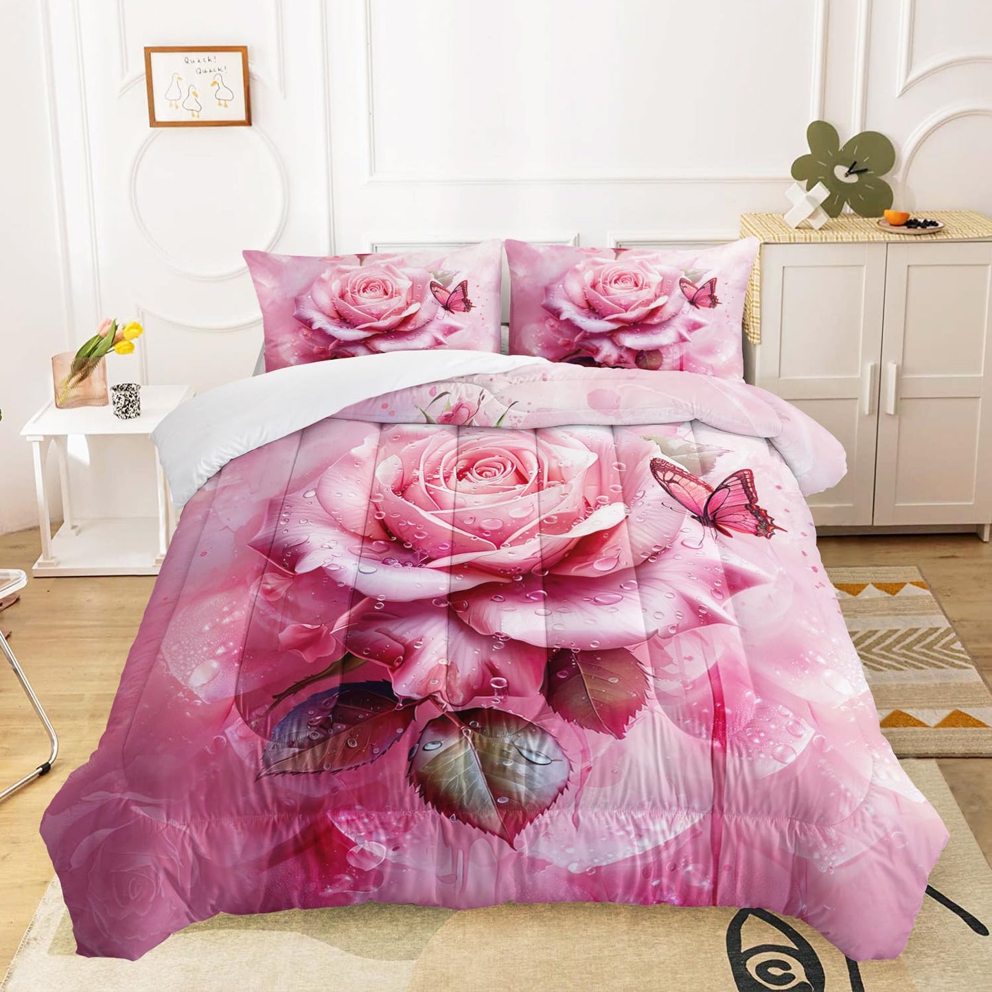 AILONEN Pink Rose Comforter Set Queen Size,Rose Flower Butterfly Bedding Set for Girls Women,Modern Romantic Floral Printed Art Pink Comforter with 2 Pillowcases,3 Piece Soft Microfiber