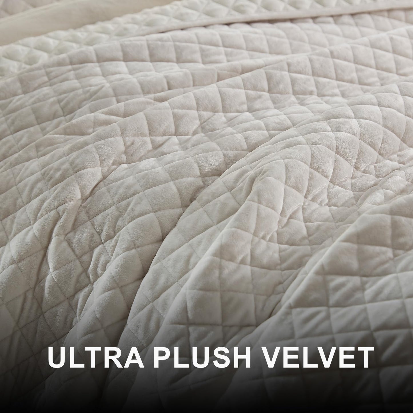Hilliomas Oversized California King Size Velvet Quilt Set (120"x120"), Luxurious Diamond Quilted Stitching, Lightweight Soft All-Season Bedspread Set with 2 Pillow Shams, White