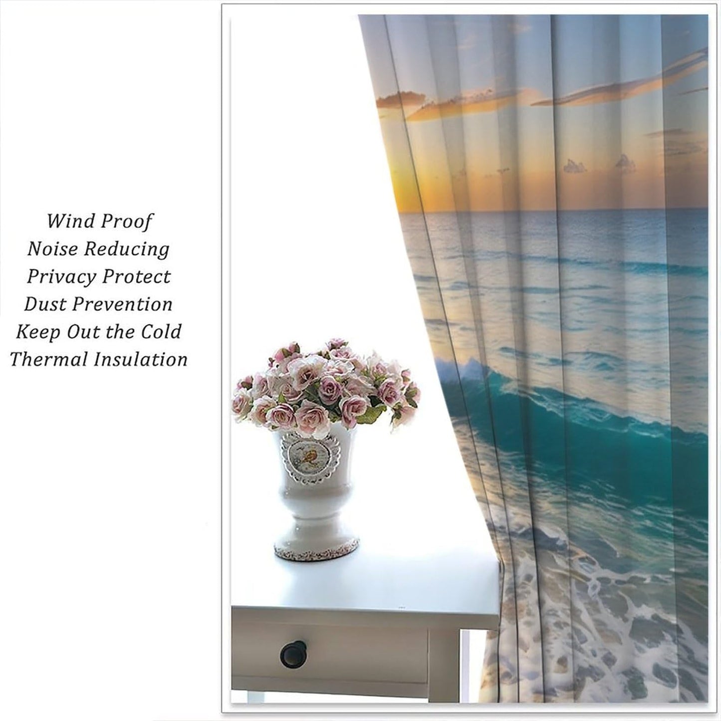 Nitmbi Beach Sunset Curtains,Ocean Tropical Summer Hawaiian Sunset Sea Waves Scenery Pattern Drapes Window 2 Panel Rod Pocket Curtain for Bedroom Living Room Decor 42" W X 45" L