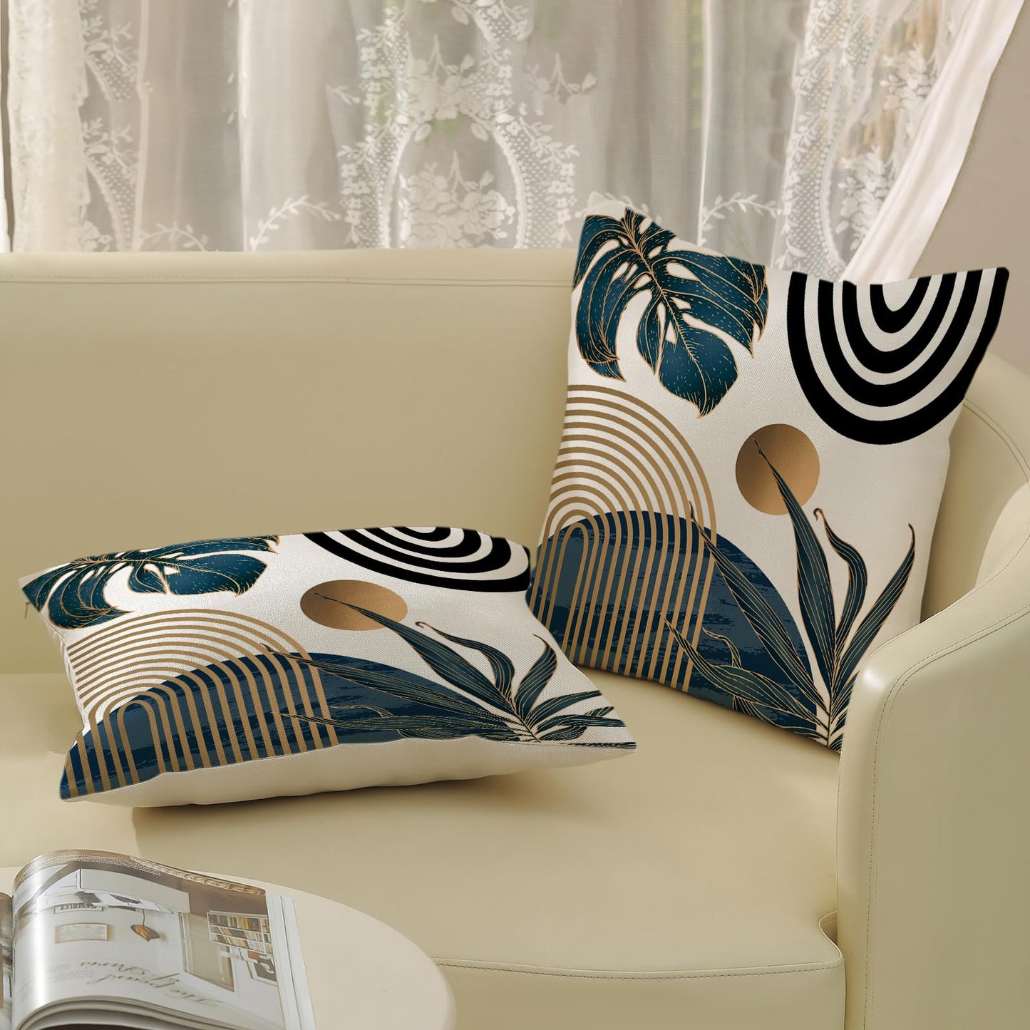 Boho Pillow Covers 18x18 Set of Mid Century Navy Blue Black Gold Tropical Leaf Throw Pillow Covers Outdoor Decor,Abstract Modern Bohemian Farmhouse Square Decorative Cushion Cover for Home Sofa