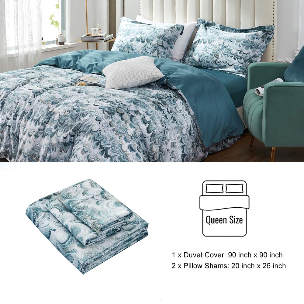 MILDLY 100% Long Staple Cotton Duvet Cover Set Queen Size, Aqua Blue Peacock Tail Plume Pattern Printed Comforter Cover Set
