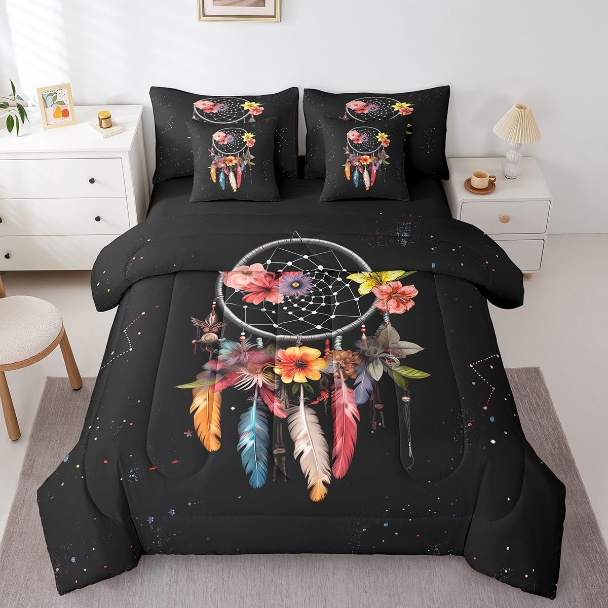 Erosebridal Bohemian Dream Catchers 7 Piece Comforter Set Full Bed in a Bag,Colorful Feather Floral Bedding Sets Flowers Dreamcatcher Sheet Set with Comforter