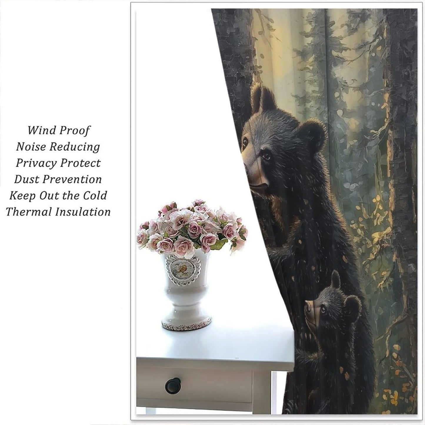LOMADIA Bear Blackout Curtains, Retro Funny Forest Animal Woodland Wildlife Pattern Drapes, Black Bear Window Treatments Curtain for Kitchen Bedroom Living Room Home Decor 42" W x 45" L