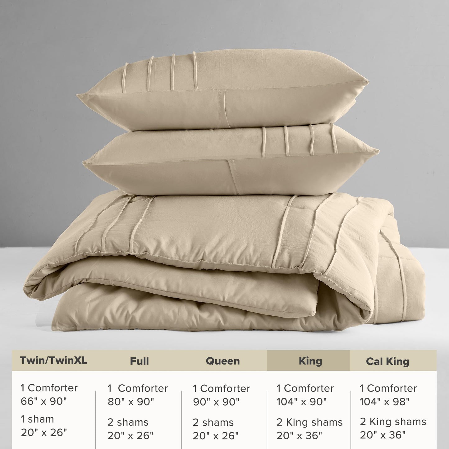 Comfort Spaces Khaki King Size Comforter Set - 3 Pieces Pintuck Pleated Bedding Sets, All Season Lightweight, Extra Softness Pre-Washed Microfiber King Bed Set, Shams, King