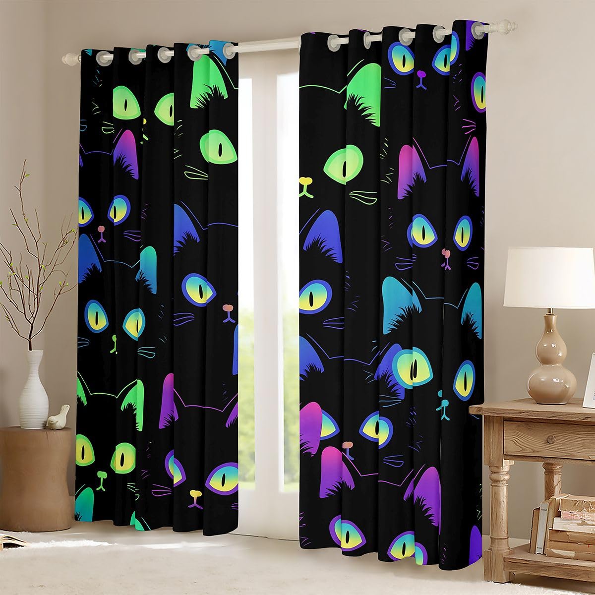 Feelyou Cartoon Cat Curtain for Bedroom Children Pet Cats Darkening Window Dreapes Cute Kitten Neon Light Blackout Curtains() Decor 3D Animal Cat Lover's Window Treatments (2 Panels, 52 x 84 Inch)