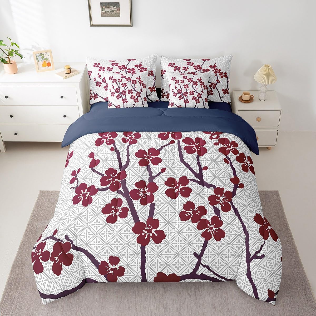 Erosebridal Cherry Blossom 7 Piece Comforter Set Queen Bed in a Bag,Japanese Cherry Blossom Bedding Set for Girls Women Bedroom,Red and Grey Quilt Duvet,Spring Flower Floral Branches Sheet Set