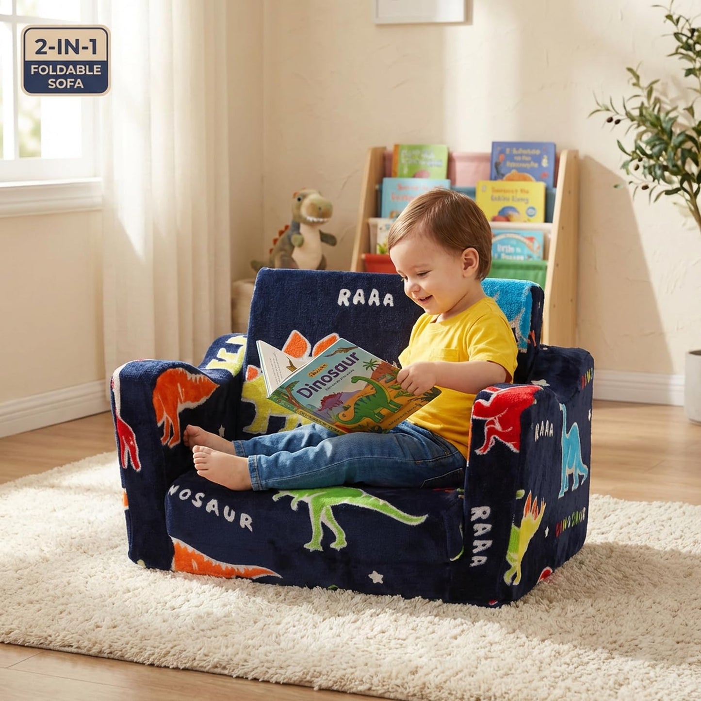 ONEKUKA Toddler Couch, Glow in the Dark Dinosaur Kids Couch, 2-in-1 Foldable Flip Open Kids Sofa Chair for Reading, Playtime and Playroom, Gift for Boys and Girls