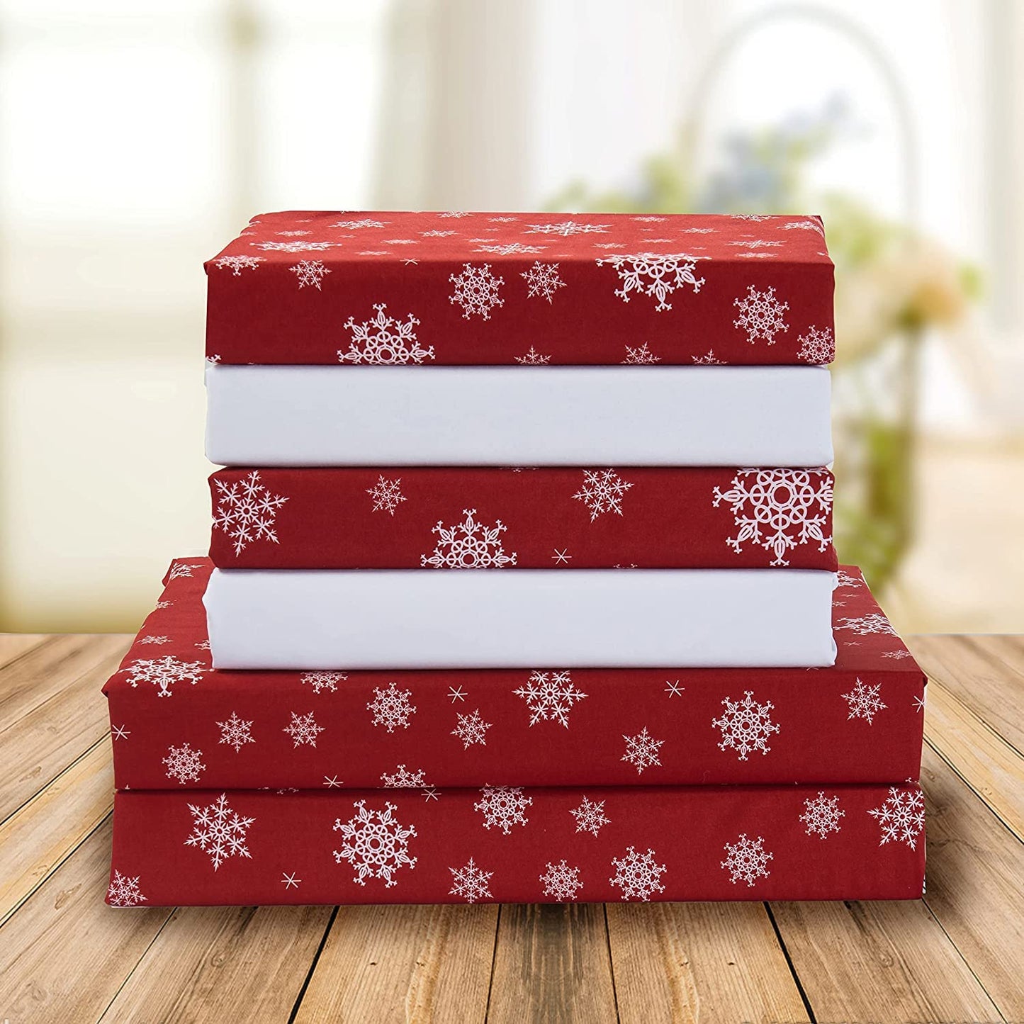 Elegant Comfort Holiday Printed 6-Piece Sheet Set, 1500 Thread Count, Breathable and Super Soft Material, Wrinkle Resistant, Fitted Sheets with Smart Pockets, 6PC King, Snow Flake Burgundy