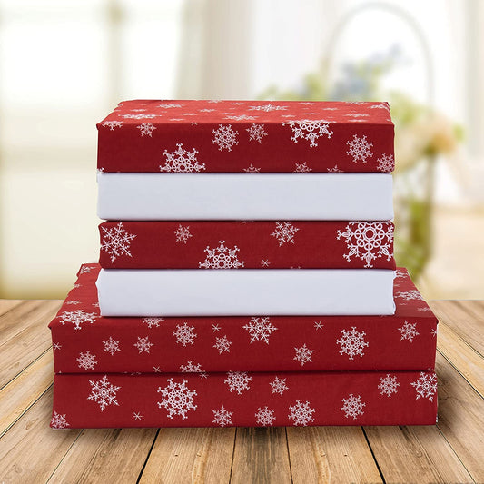 Elegant Comfort Holiday Printed 6-Piece Sheet Set, 1500 Thread Count, Breathable and Super Soft Material, Wrinkle Resistant, Fitted Sheets with Smart Pockets, 6PC King, Snow Flake Burgundy