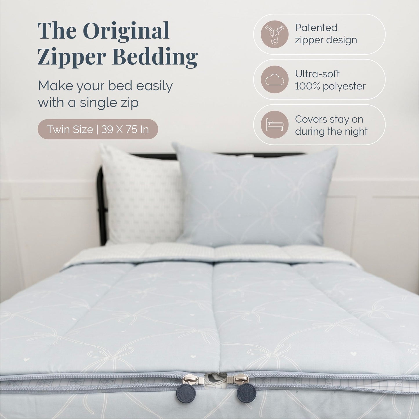 Beddy's Ribbon & Bow Theme Durable Zipper Bedding for Kids - Bed in a Bag - White Striped Sheets with Baby Blue Comforter - Includes Pillowcase & Sham - Twin