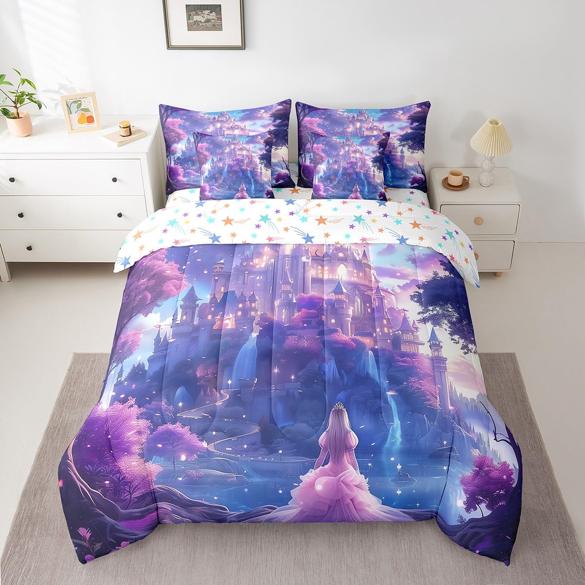 Erosebridal Sweet Princess Comforter Set King,Dreamy Fantasy Castle Bedding Set 7Pcs for Kids Girls,Mysterious Fairytale Bed in a Bag,Pink Ombre Cloud Quilt