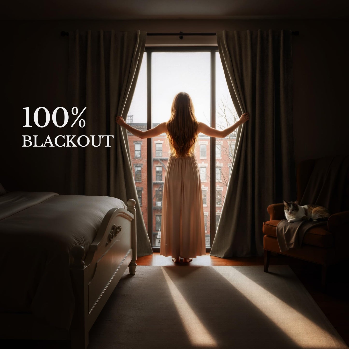 NICETOWN Scratch-Proof 100% Blackout Beige Curtains for Living Room, High-Density Linen Blend Window Treatments Rod Pocket & Back Tab Thermal Drapes for Nightshift, W52 x L84, 2 Panels