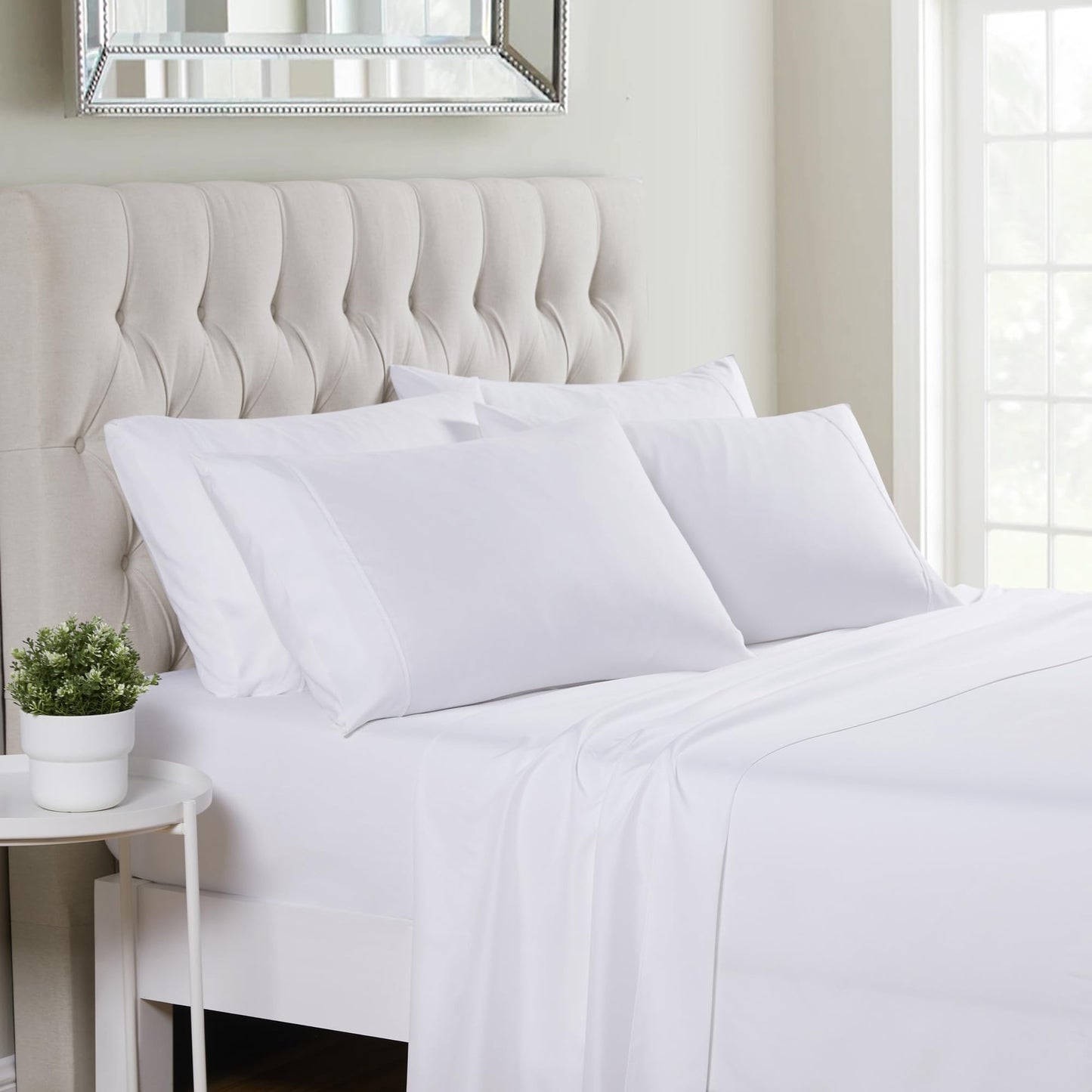 6 Piece Queen Sheet Set with Corner Straps - Soft Queen White Sheets with Built in Sheet Straps Elastic Corners - Wrinkle-Free, Breathable, Deep Pockets - 4 Pillowcases, 1 Fitted Sheet, 1 Flat