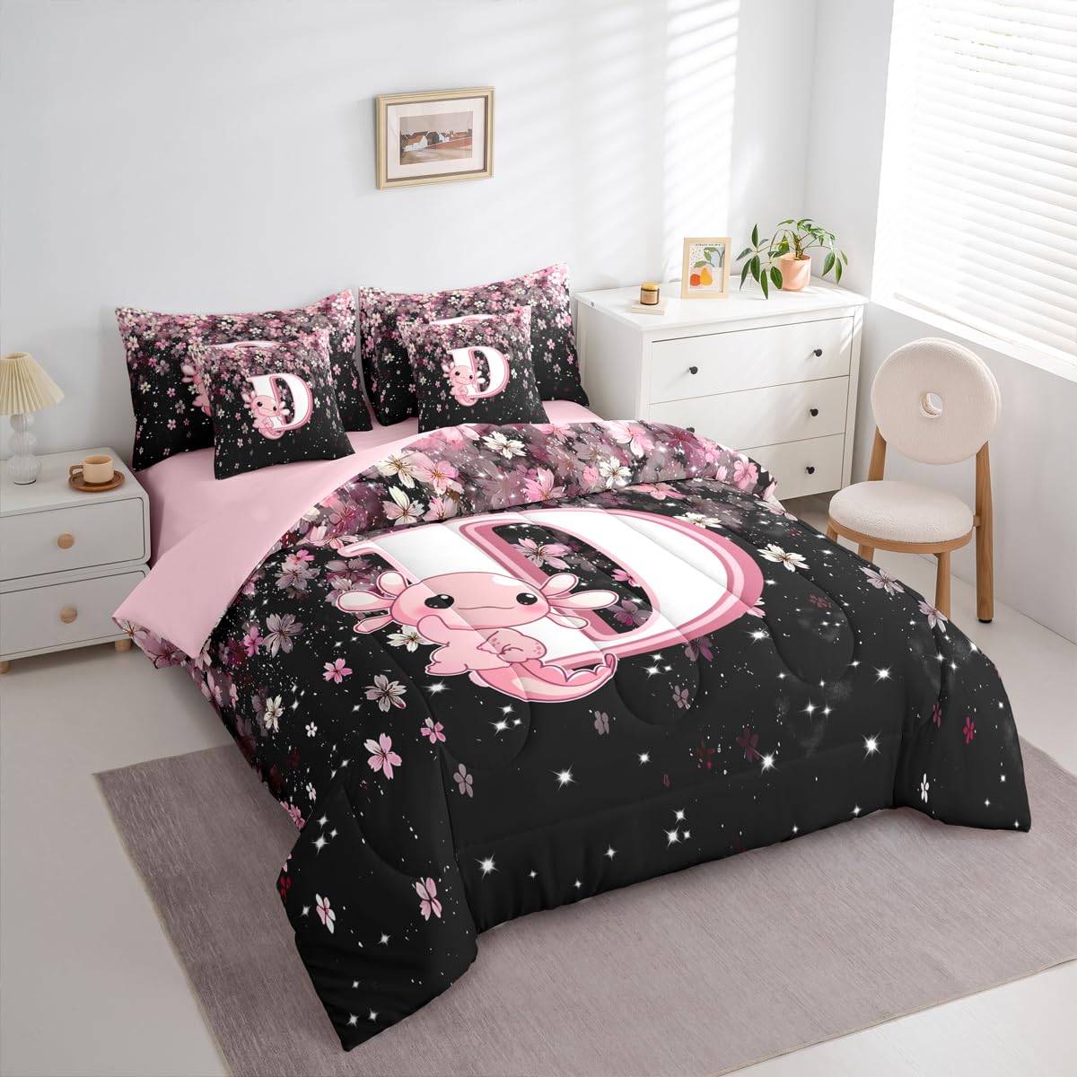 Erosebridal Japanese Cherry Blossom Bed in A Bag (Twin Size,7 Pieces) Cute Initial Axolotl Comforter Set with Sheets for Teen Girl Pink Axolotl Bedding Set with Letter D Design Monogram Duvet Insert