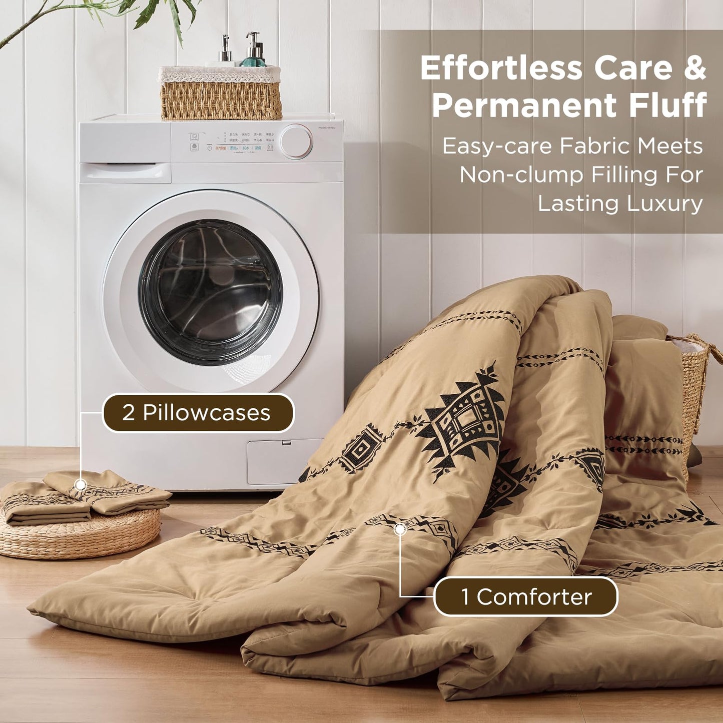 Baskbed Boho Embroidered Bed Comforter Queen Set, 3-Piece Western Shabby Chic Bedding Set - Fluffy Ultra Soft Microfiber with Intricate Design, Includes Comforter & 2 Pillowcases, Khaki(88"x88")