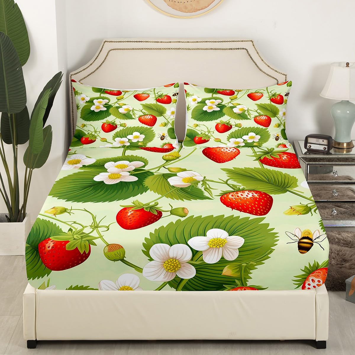 Feelyou Strawberry with Floral Bedding Fitted Sheet Fruit Bed Sheet Set for Kids Girls Botanical Flora Leaves Bedding Sheets Soft Bed Cover 1 Bed Sheet Set with 2 Pillowcases Full Size
