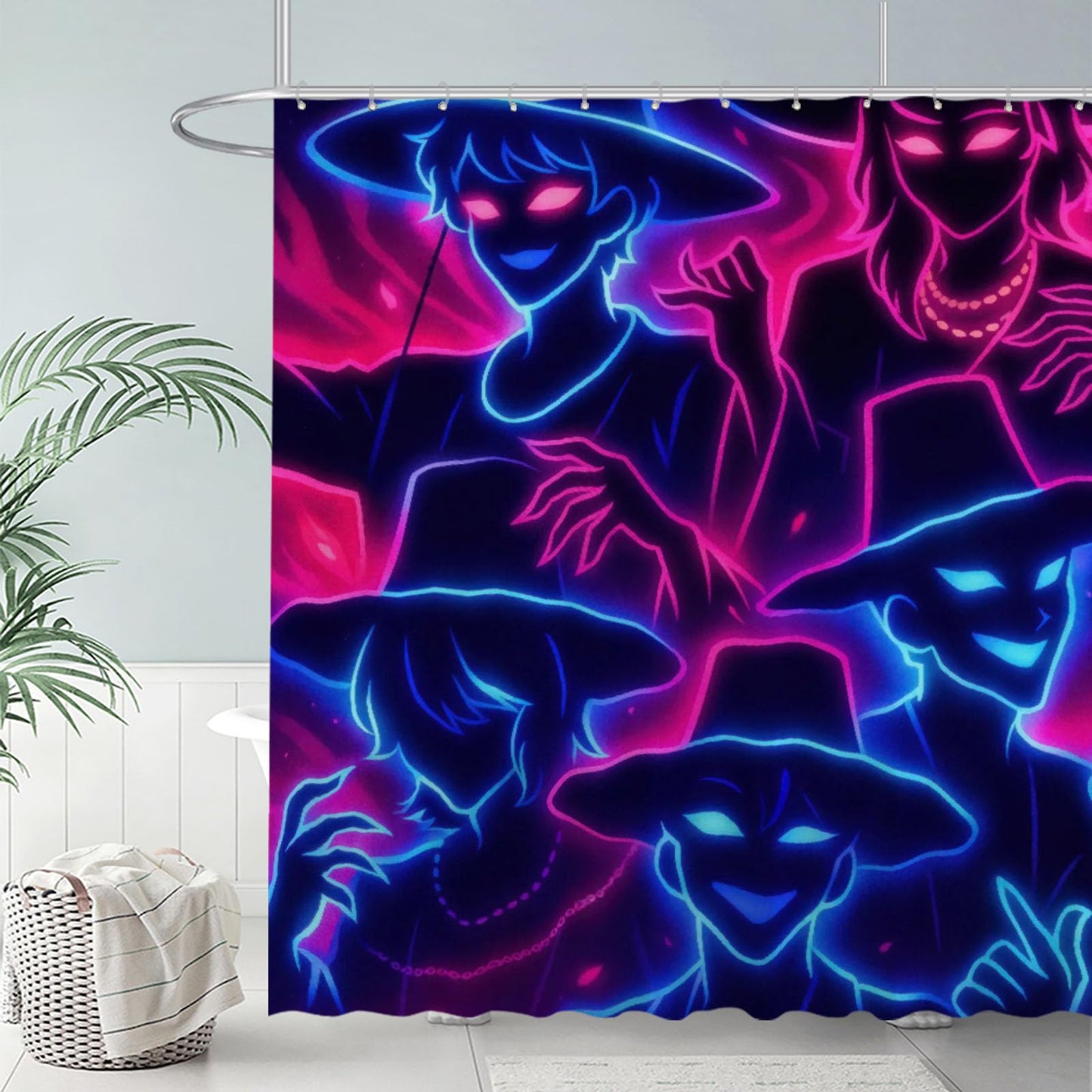 Funnytree 72"X72" Neon Shadow Crew Shower Curtain Glowing Hat Figures Bathroom Decor Waterproof Fabric Durable Easy Care Washable(Hooks Not Included)