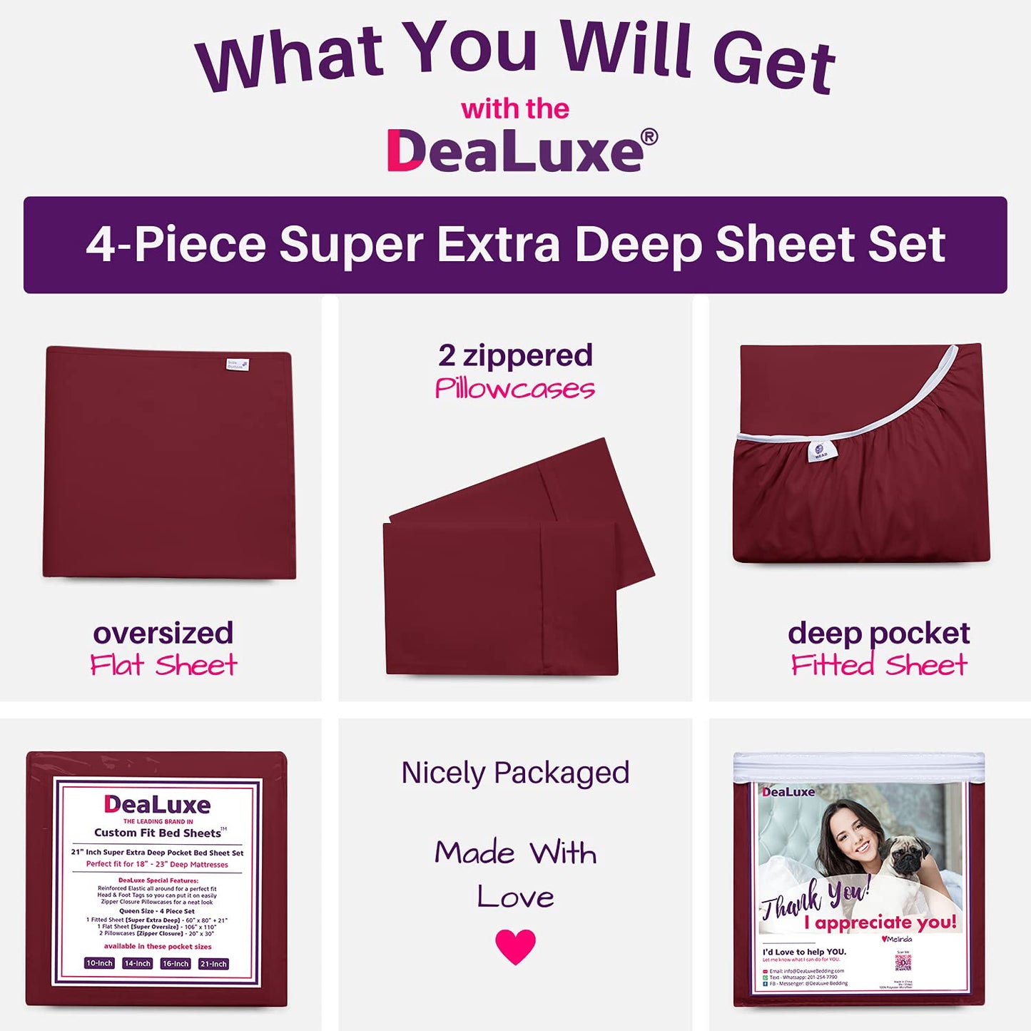 Deep Pocket King Size Sheets – 21” Extra Deep Pocket King Size Sheets – [4 Piece Set] King Bed Sheets Oversize Flat Sheet, Fitted Sheet, 2 Zippered Pillowcases 18”–23” Deep King Sheets – Burgundy